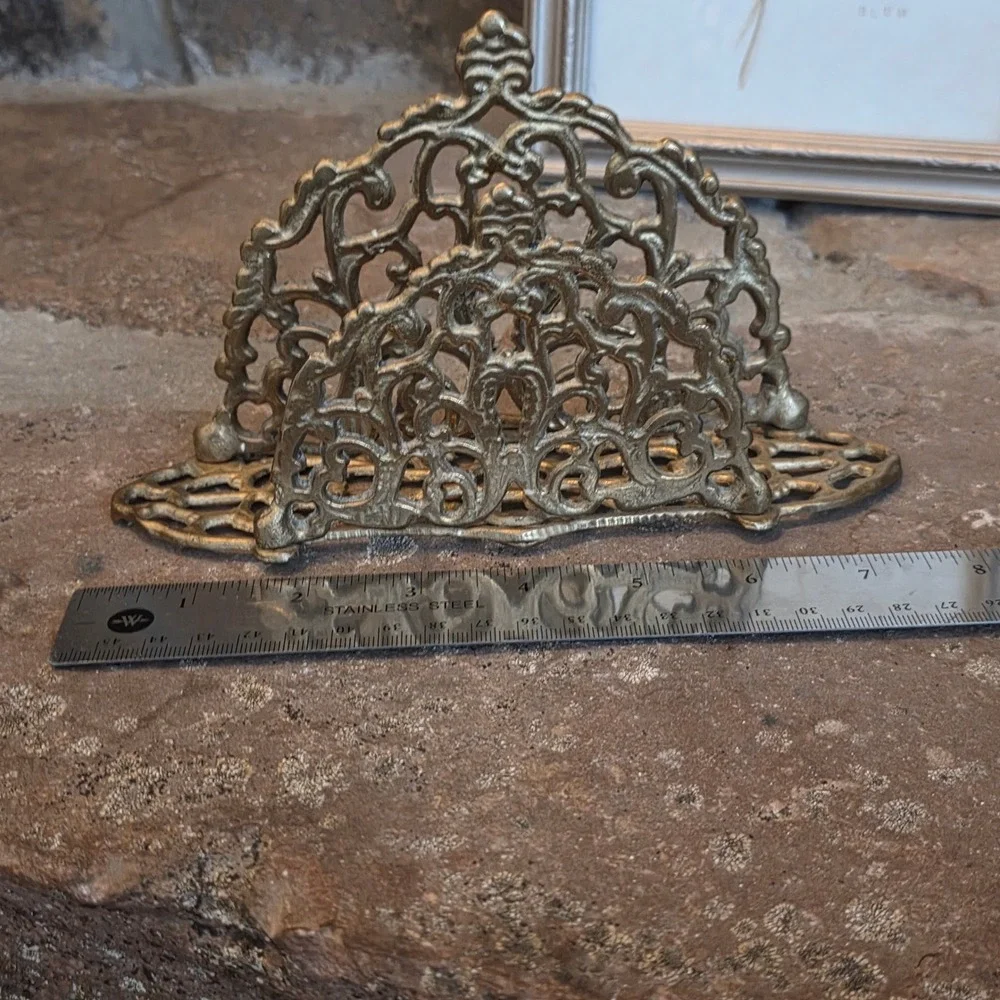 Vintage Brass Napkin Holder Ornate Filigree Letter Sorter Cast Metal Gold Tone